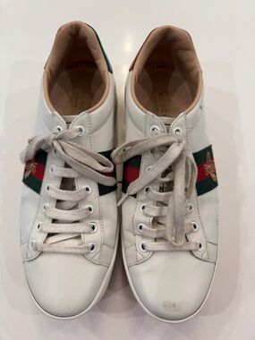 Gucci Ace Platform White Leather Sneakers with Red & Green Web and Gold Bee